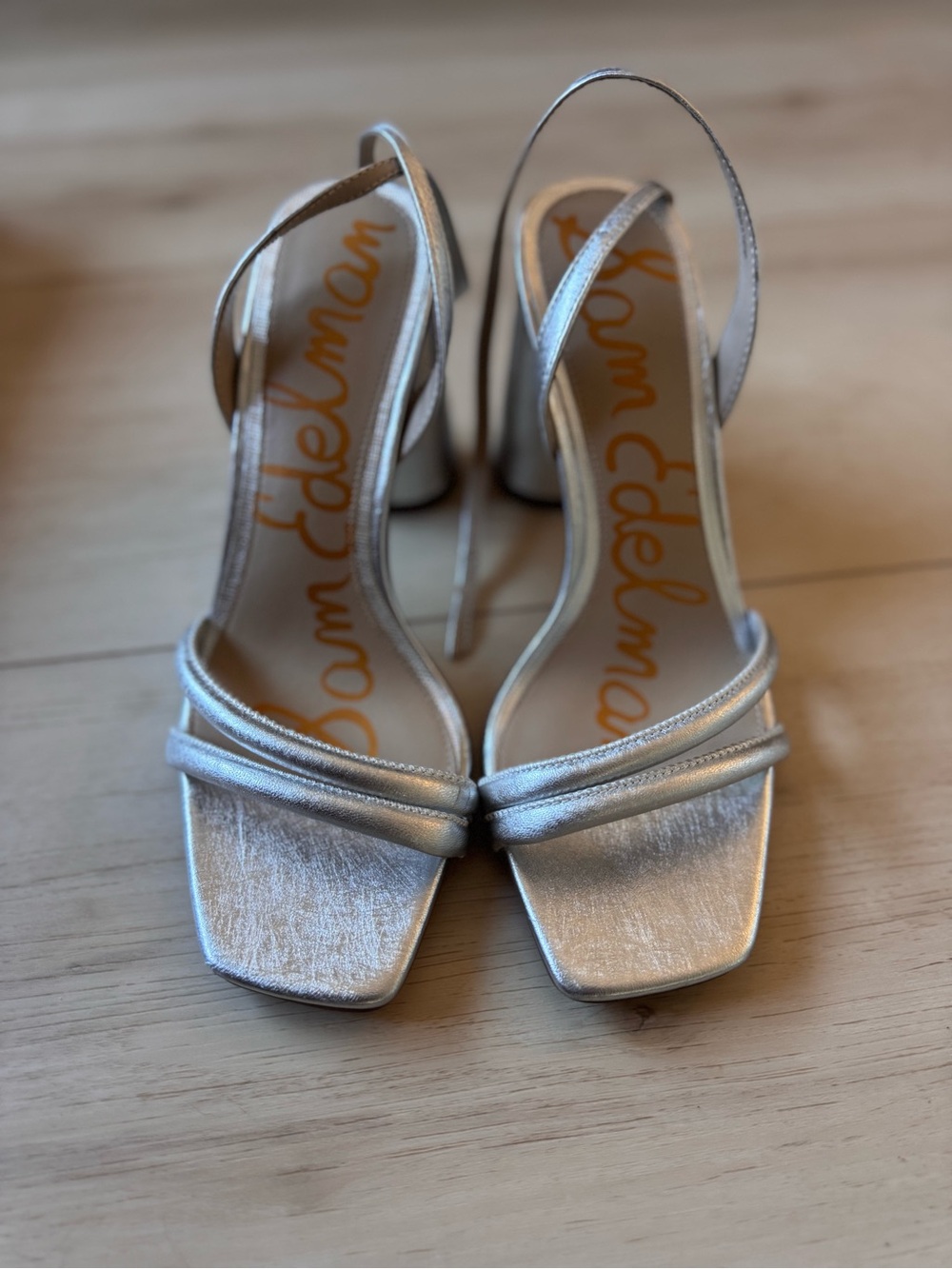 Sam Edelman Metallic Silver Square-Toe Slingback Heels